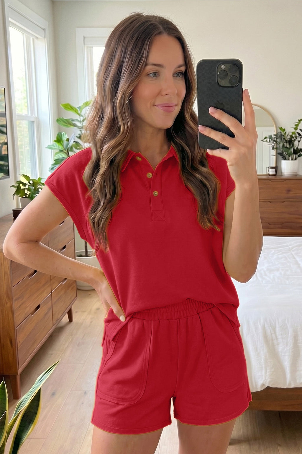 Racing Red Loose Polo Tee Elastic Waist 2pcs Short Set