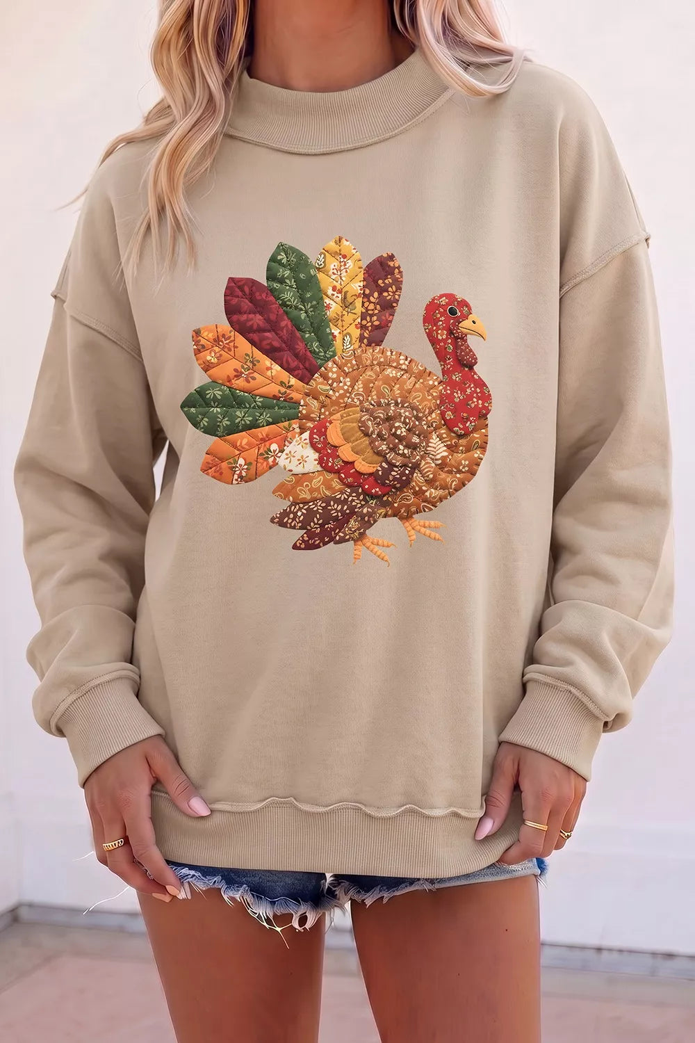 Thanksgiving Patchwork Turkey Graphic Mock Neck Sweatshirt