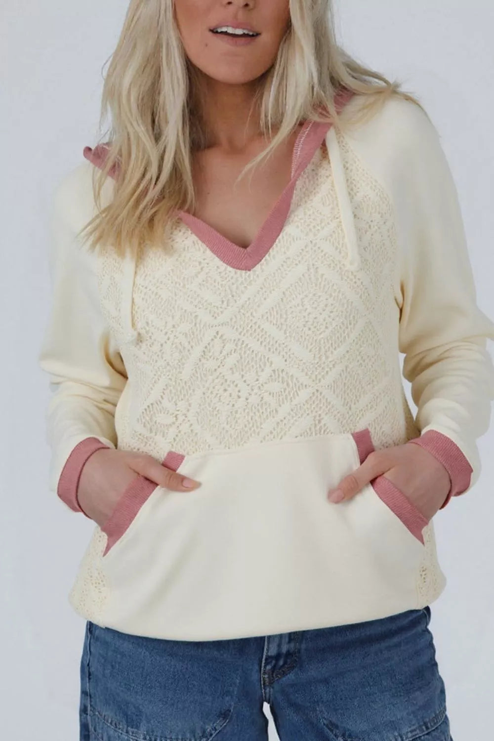 Crochet Knit Contrast Trim Hoodie