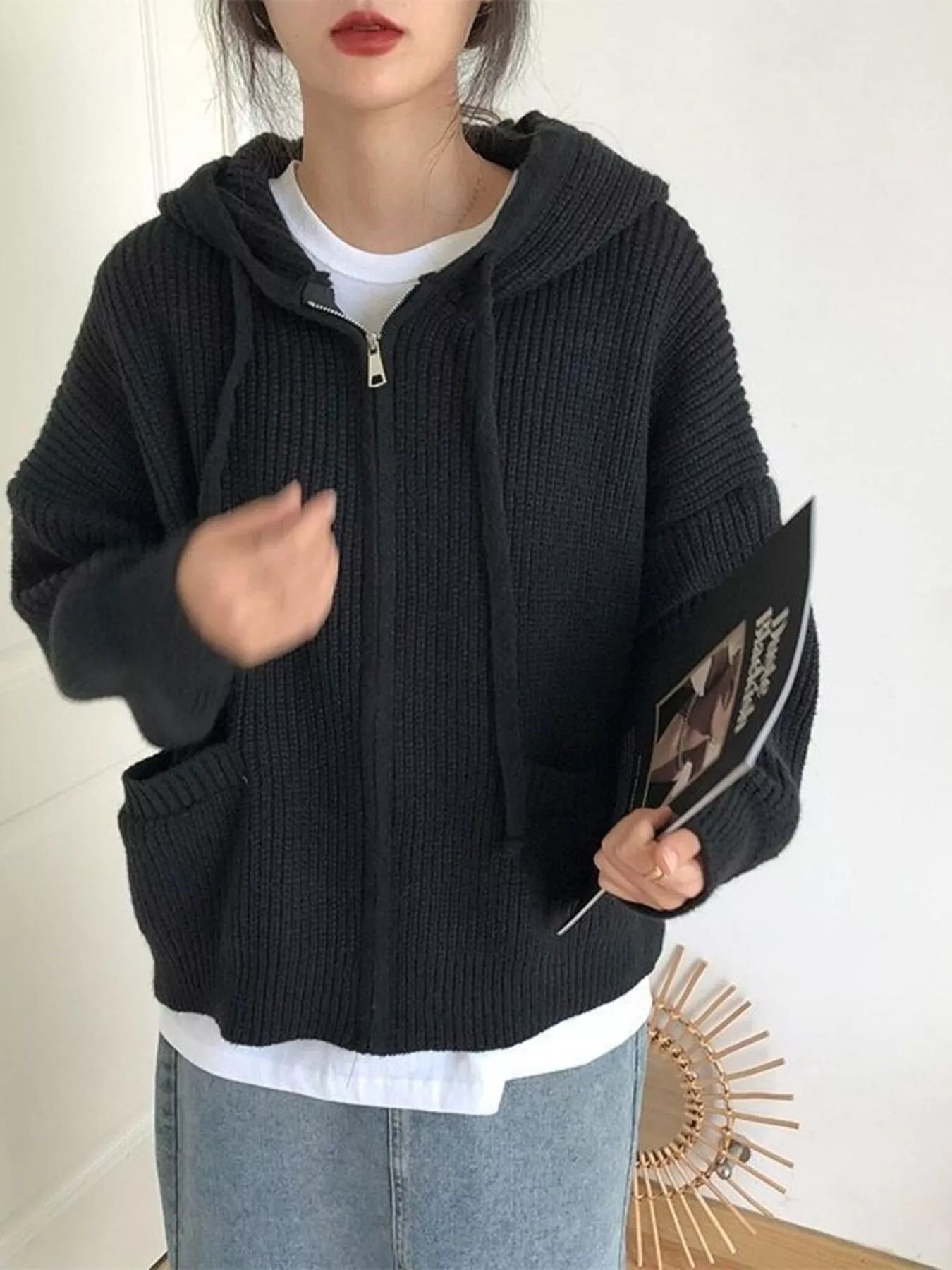 Casual Knitted Zip-Up Hooded Cardigan