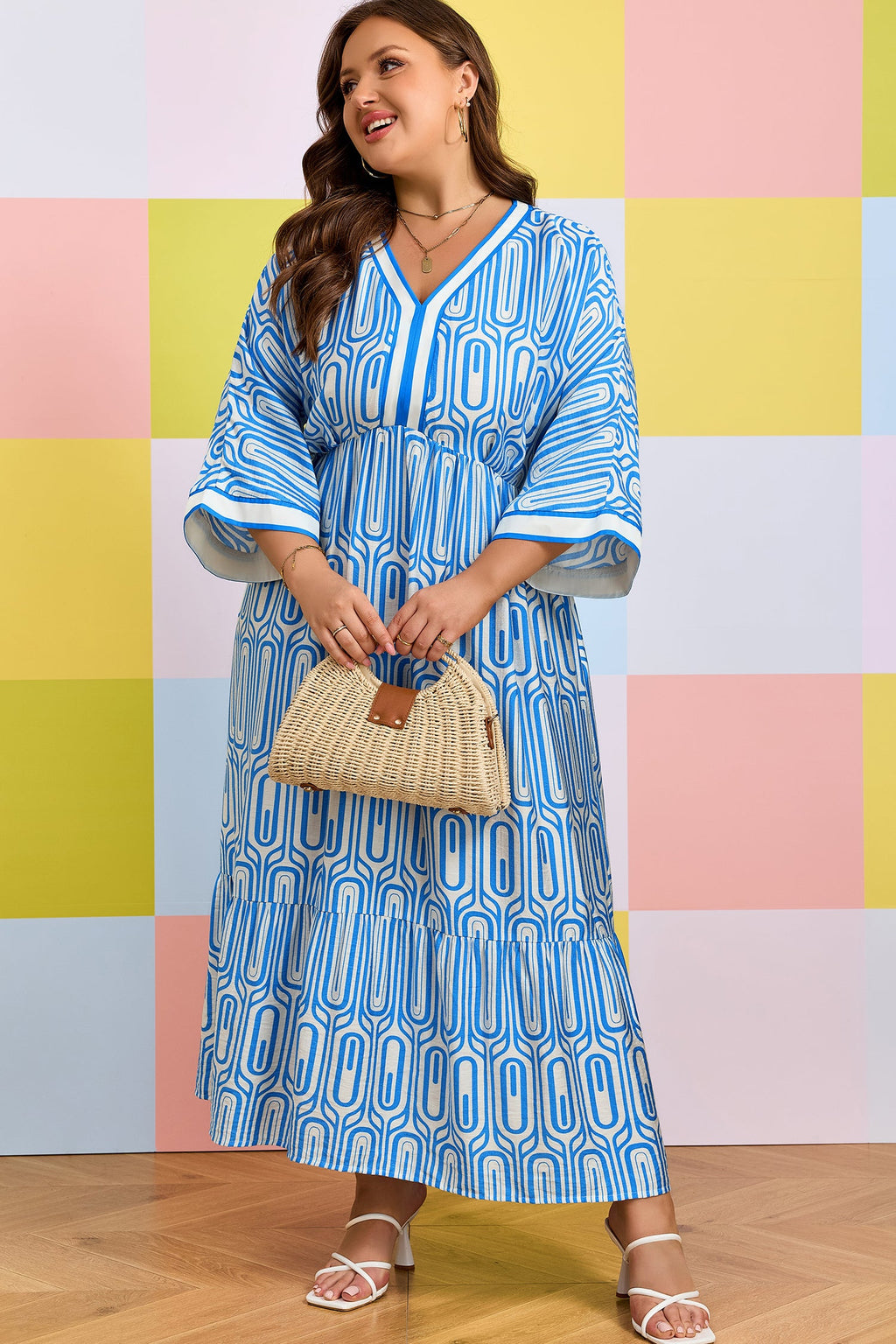 Sky Blue Plus Size Geometric Print Contrast Trim V Neck Bracelet Sleeve Long Dress