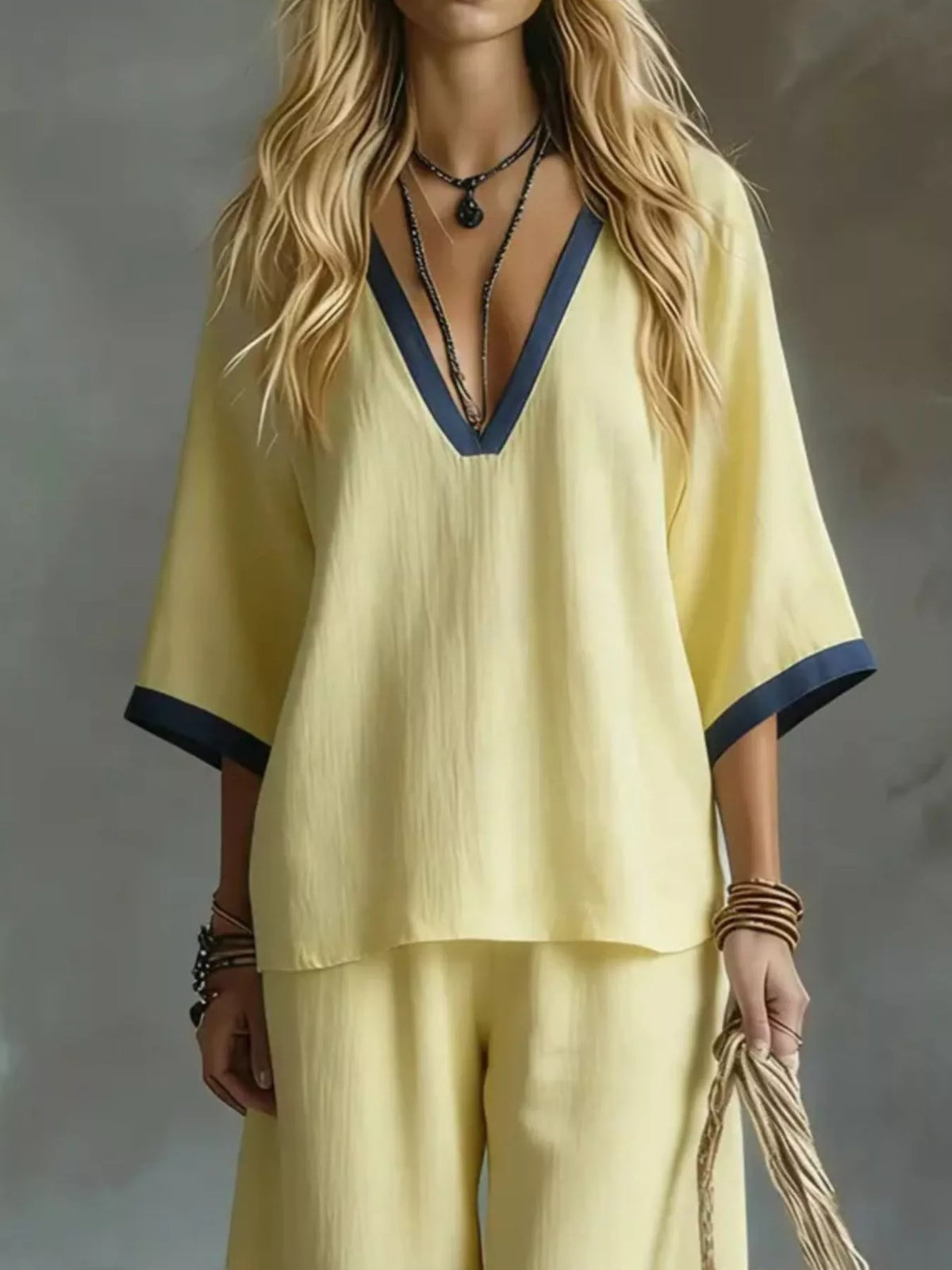 Full Size Contrast Trim V-Neck Top and Pants Set Plus Size
