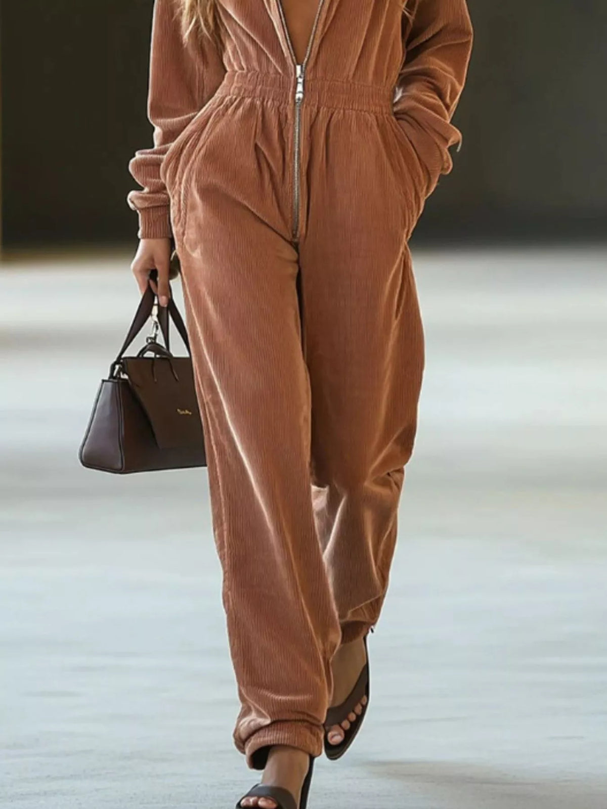 Corduroy Hooded Zip-Up Jumpsuit