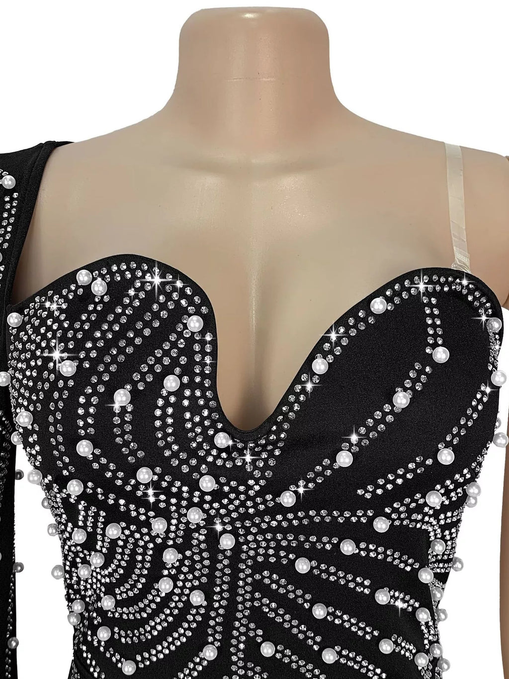 Rhinestone Pearl Detail One-Shoulder Mermaid Maxi Dress