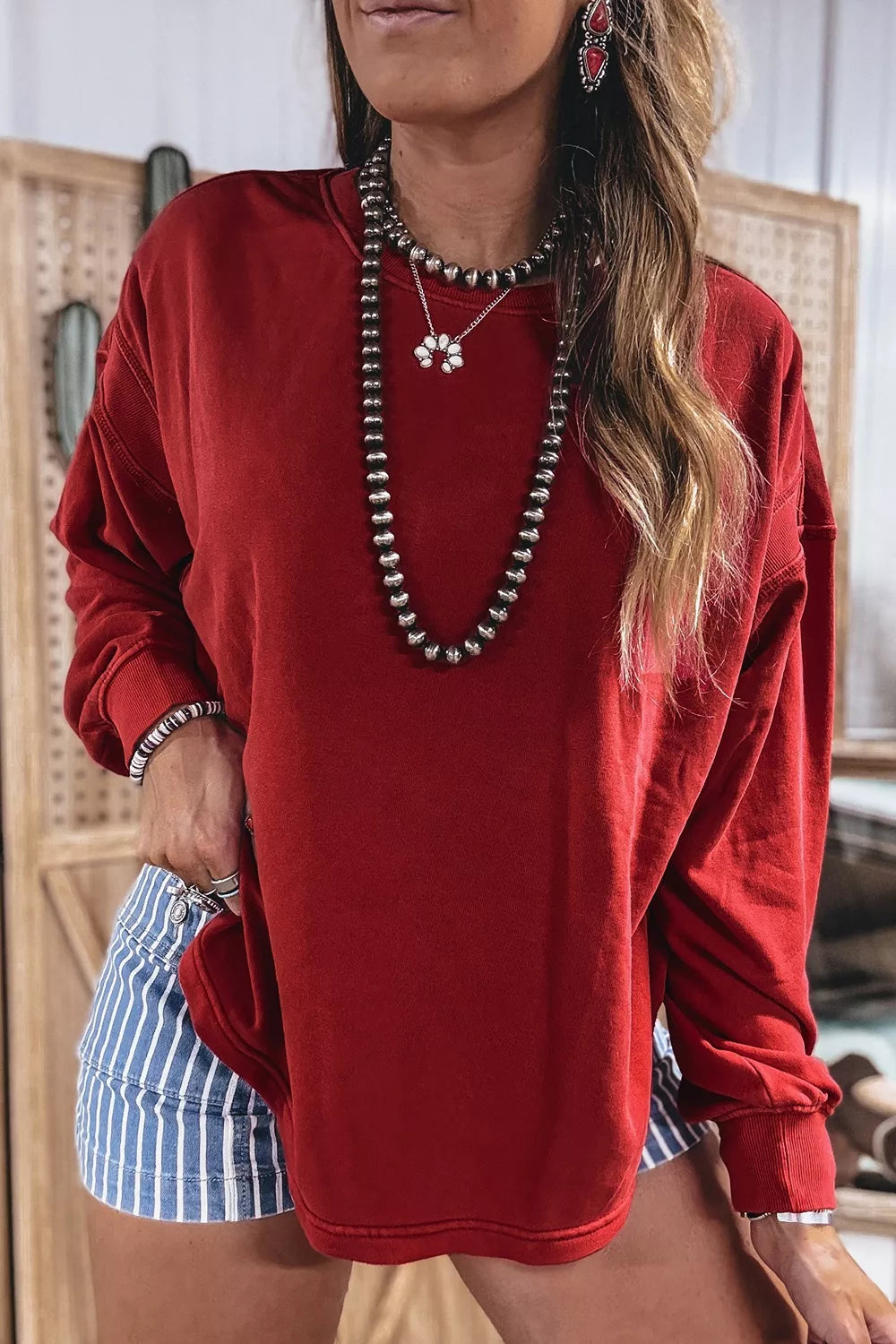 Ribbed Detail Drop Shoulder Cutout Back Sweatshirt