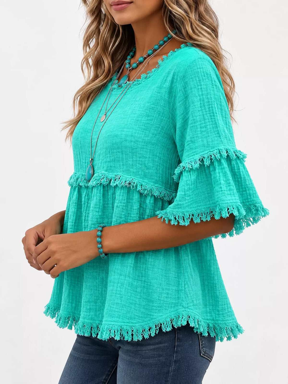 Full Size Frayed Edge Textured Blouse Plus Size