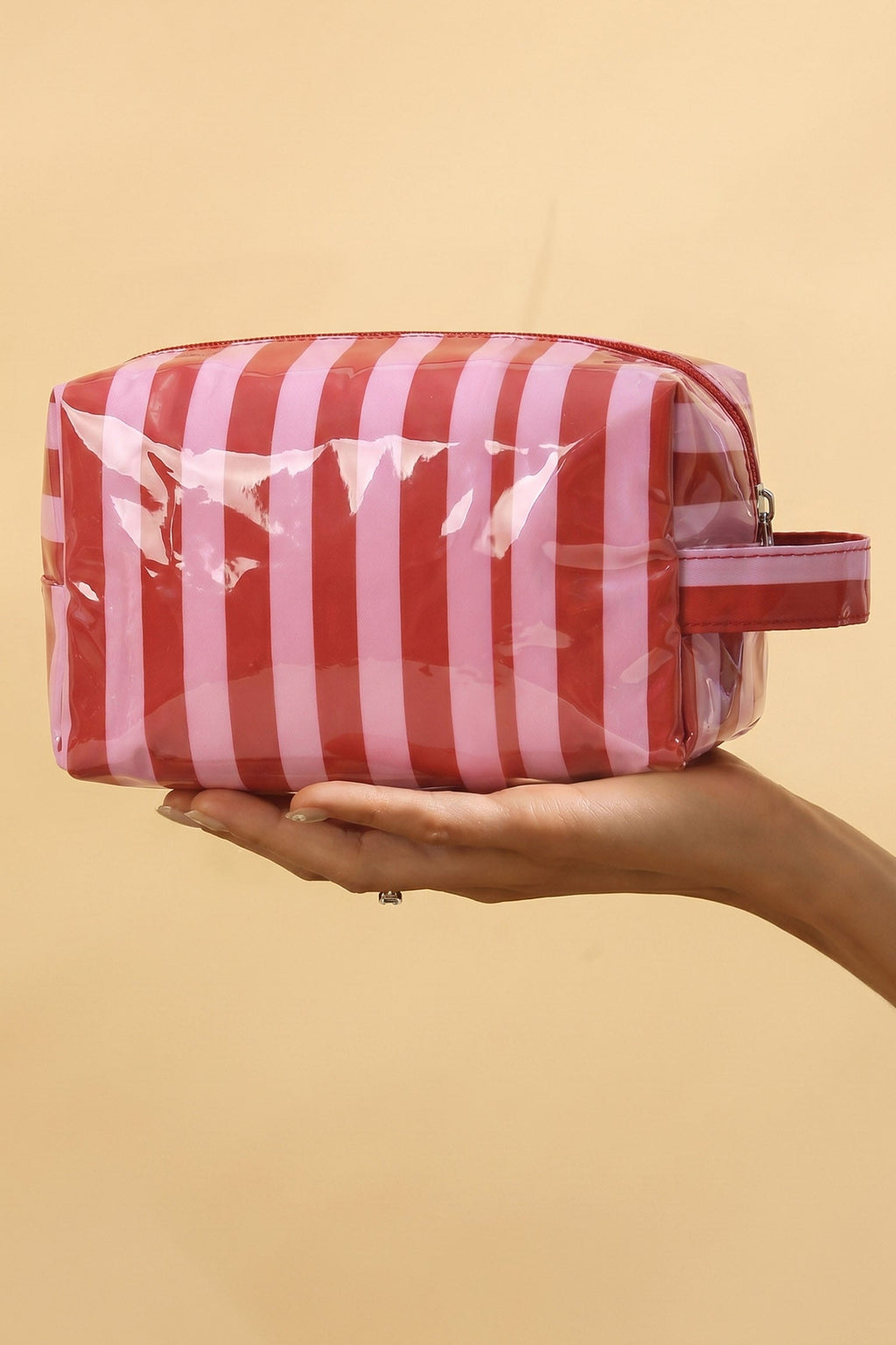 Rose Red PVC Striped Cosmetic Bag Durable Zipper Handle Travel Organizer