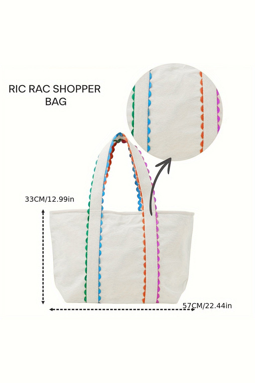 White Colorful Ricrac Detail Canvas Tote Bag