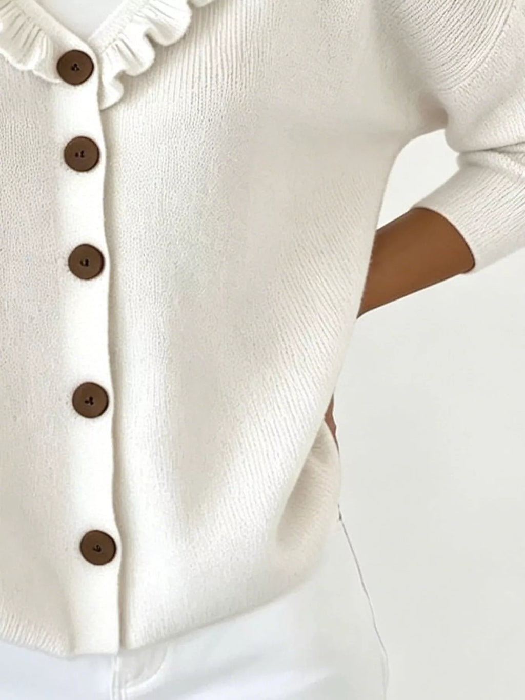 Ruffled Neckline Button-Up Cardigan