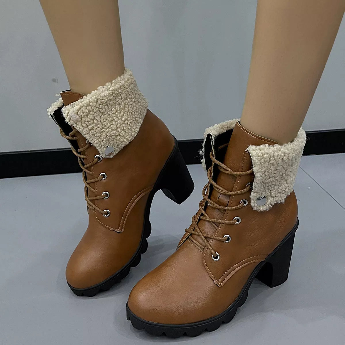 Lace Up Block Heels Boots