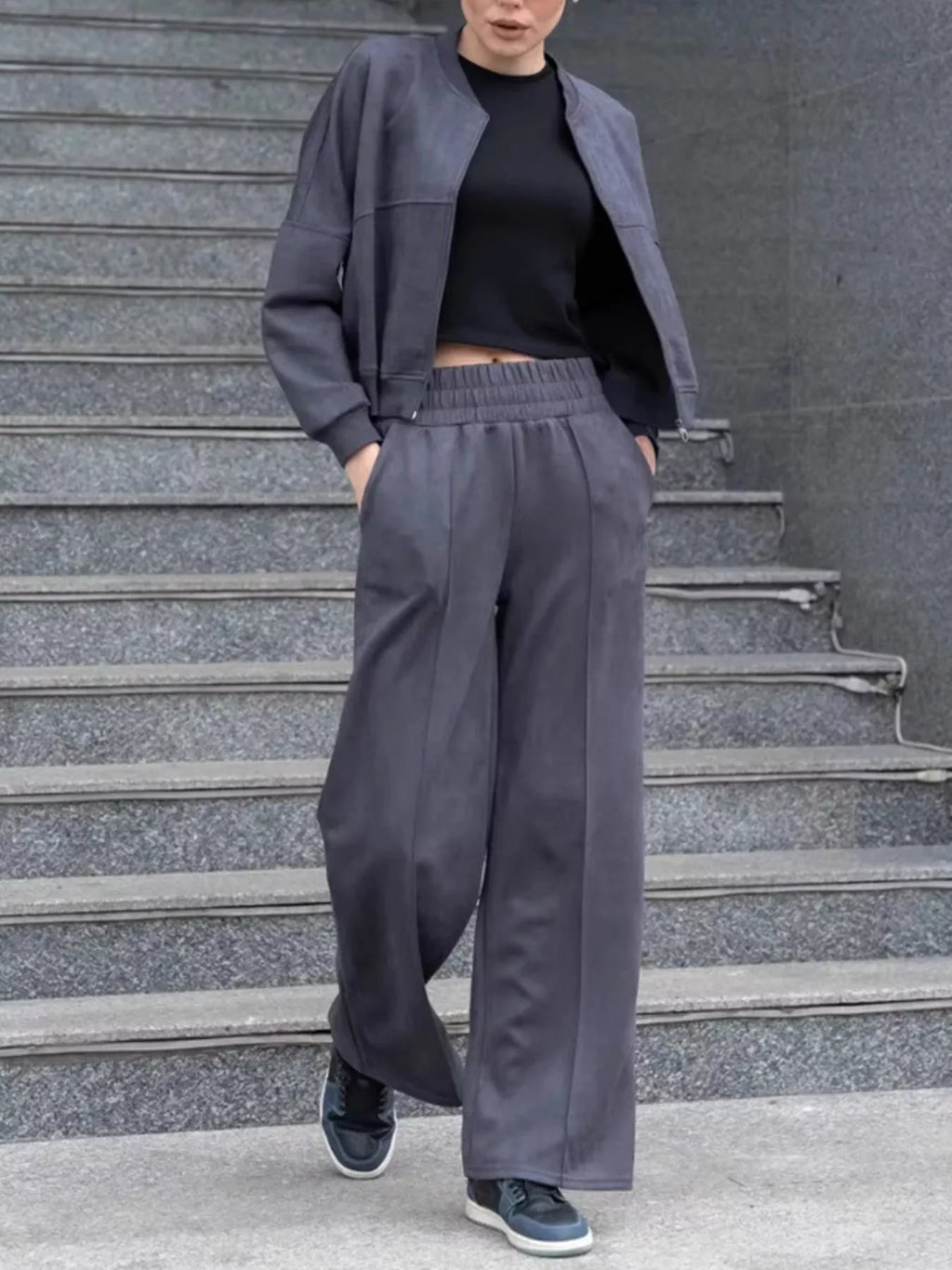 Zip Up Sweatshirt and Wide-Leg Pants Set