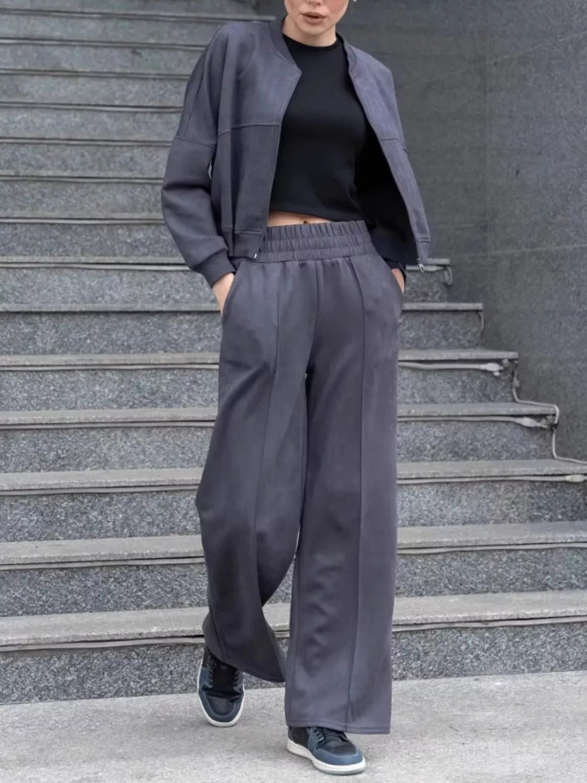 Zip Up Sweatshirt and Wide-Leg Pants Set