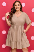 Dark Khaki Textured Ruffled Short Sleeve Dress