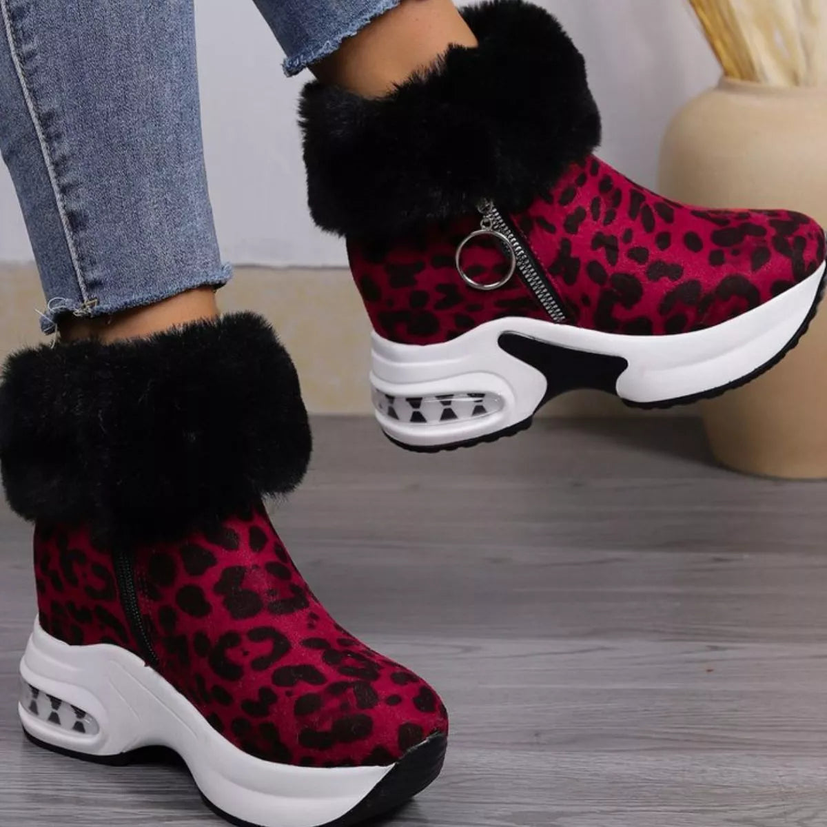 Fuzzy Side Zipper Platform Ankle Boots