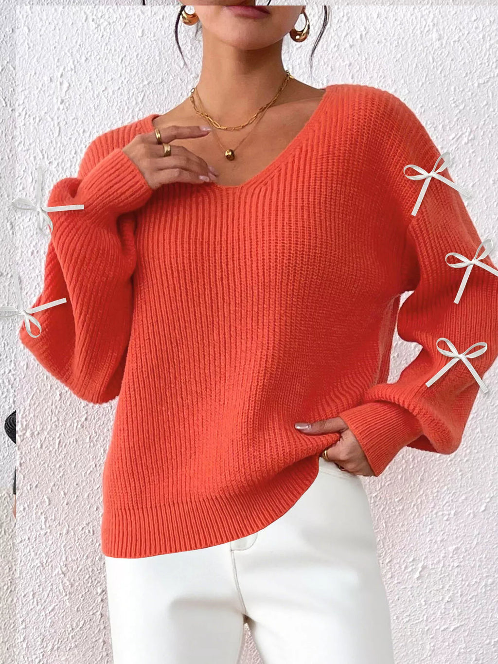 Bow-Tie Sleeve V-Neck Sweater