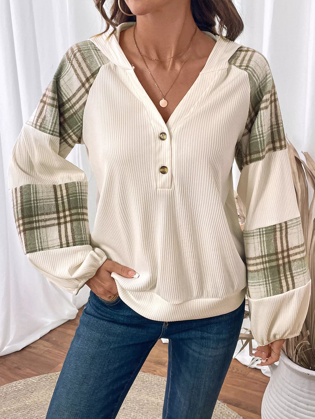 Plaid V-Neck Button-Front Sweatshirt