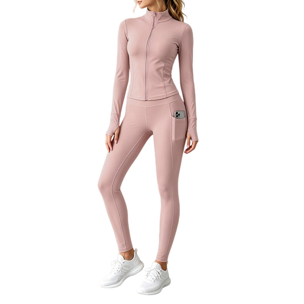 2026 Fall New Stand Collar Zipper Yoga Outfit For Women, Long Sleeve Two-Piece Set With Pockets And Peach Hip-Enhancing Fitness Pants