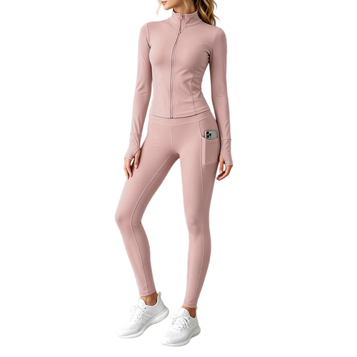 2026 Fall New Stand Collar Zipper Yoga Outfit For Women, Long Sleeve Two-Piece Set With Pockets And Peach Hip-Enhancing Fitness Pants