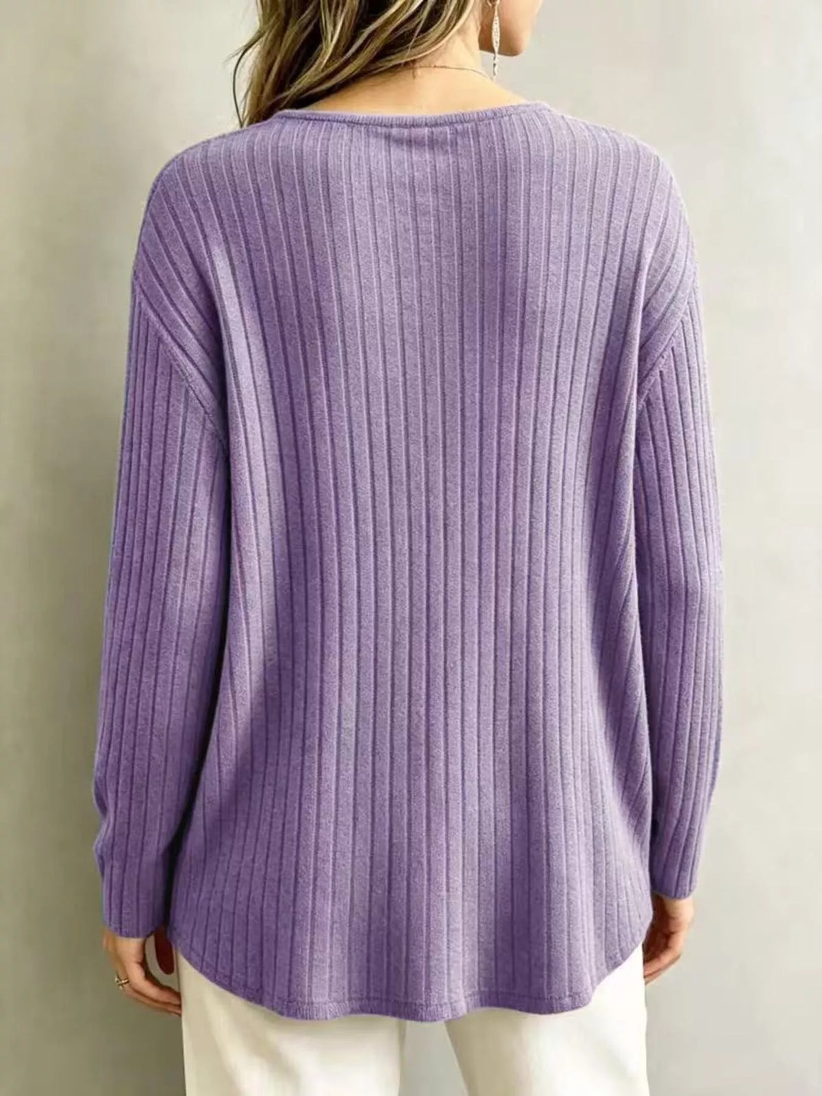 V-Neck Ribbed Long Sleeve T-Shirt