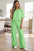 Green Solid Cover Oversize Tee Pocketed Casual Pants 2pcs Outfit
