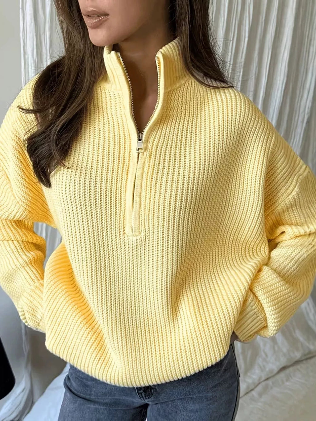 Full Size Half Zip Dropped Shoulder Sweater Plus Size