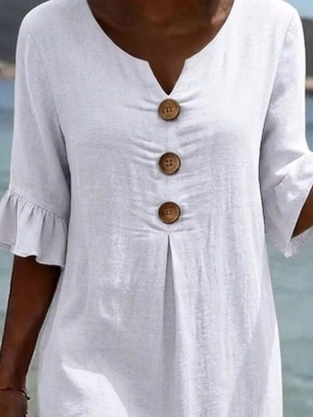 Full Size Decorative Button Ruffle Half Sleeve Dress Plus Size