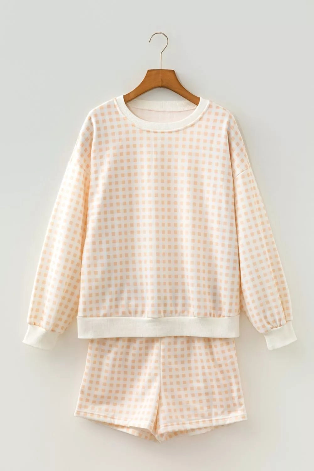 Gingham Long Sleeve Sweatshirt and Shorts Set