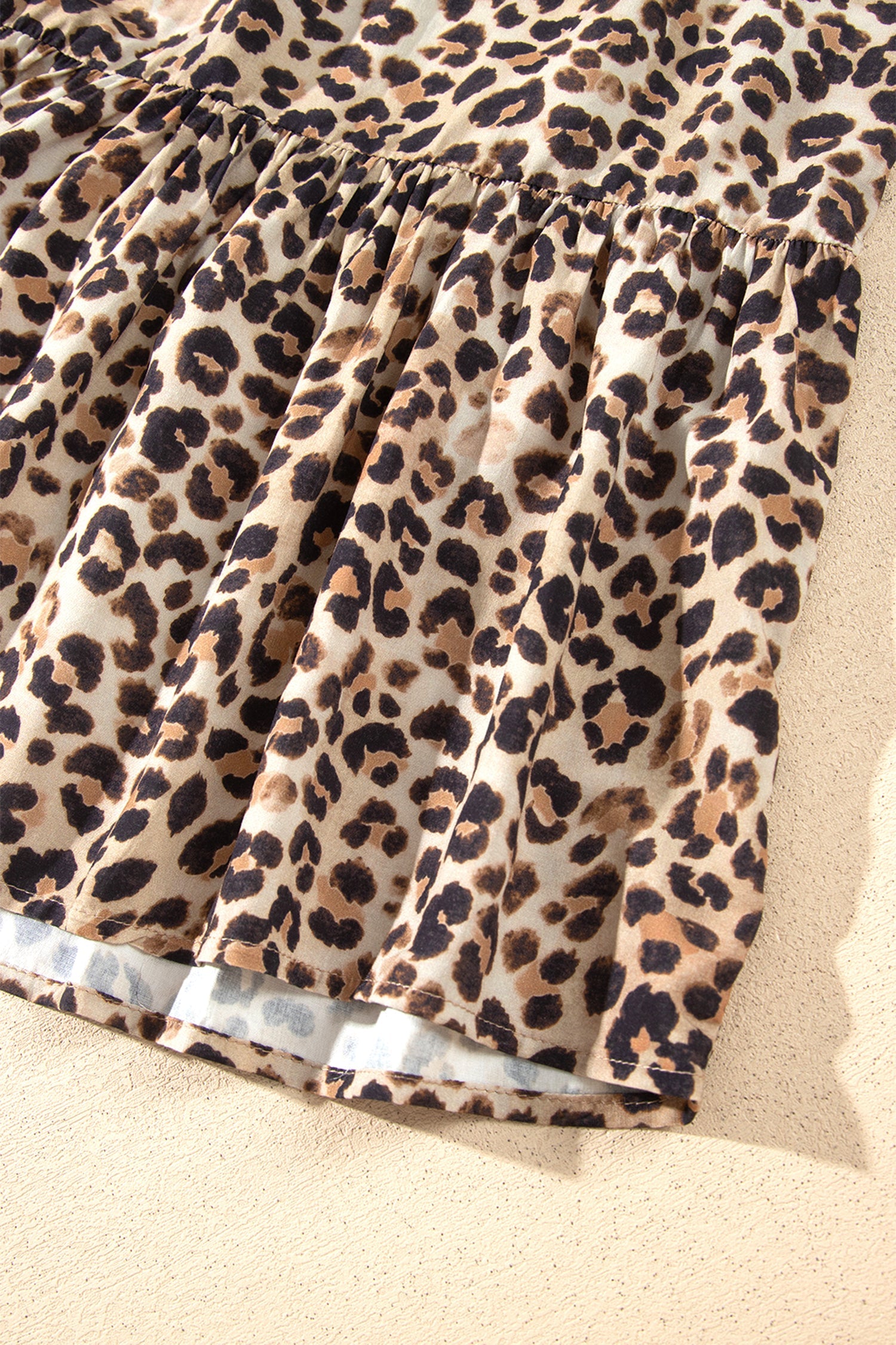 Brown Leopard Print V Neck Long Sleeve Gathered Waist Plus Size Dress