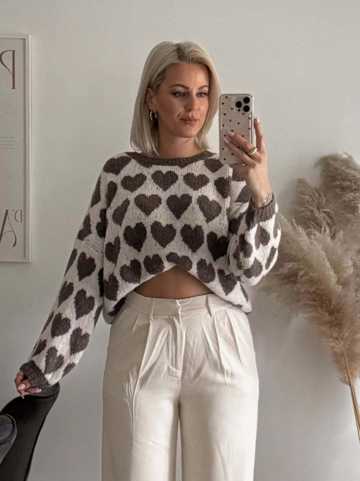 Heart Pattern Dropped Shoulder Sweater