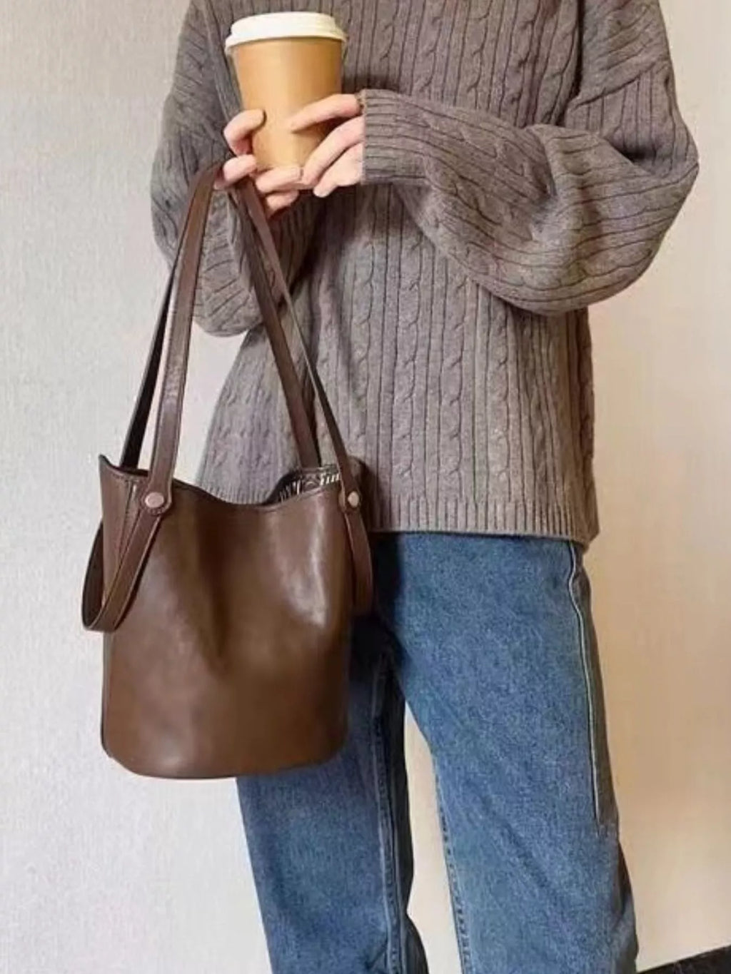 Leather Bucket Tote Bag