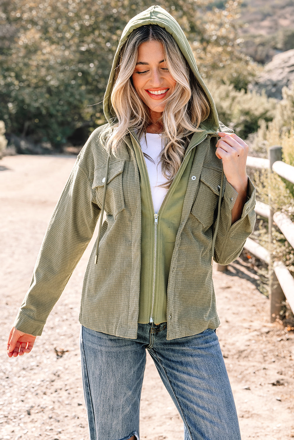 Textured Knit Pocketed Drawstring Hooded Jacket