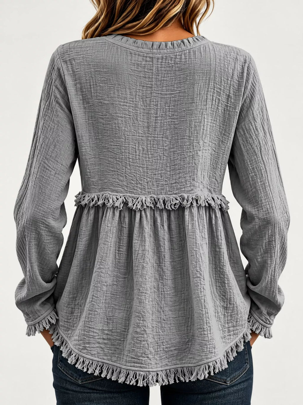 Full Size Frayed Hem Button Detail Blouse Plus Size