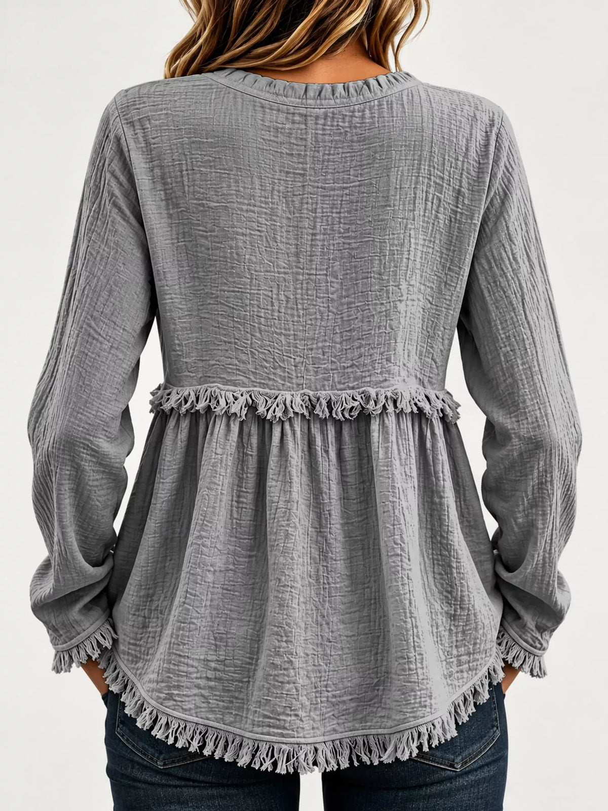 Full Size Frayed Hem Button Detail Blouse Plus Size