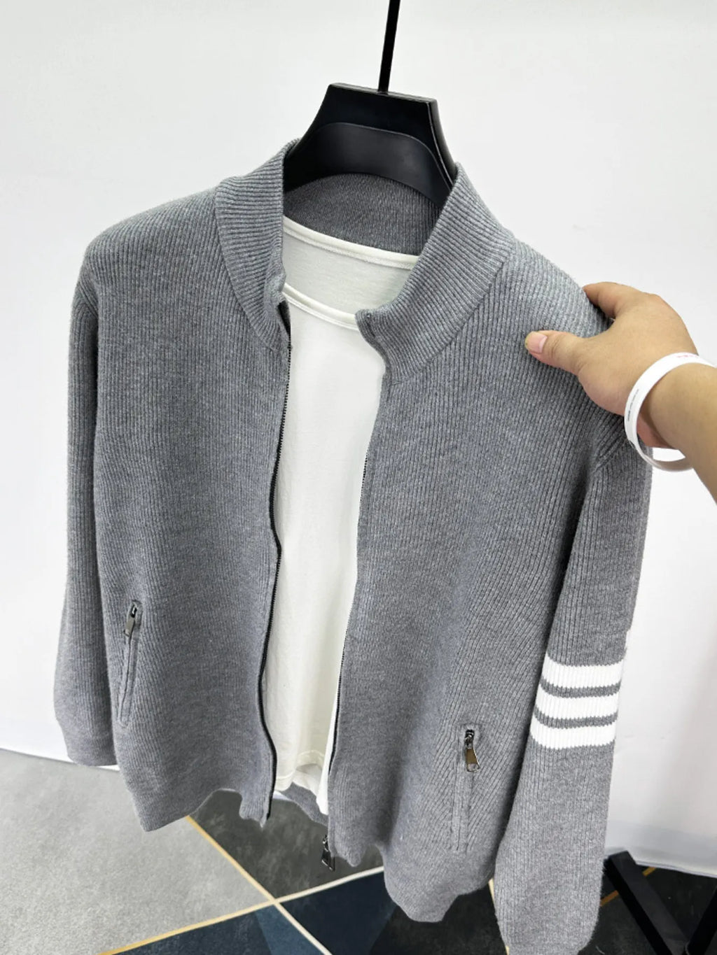 Men's Plus Size Zip Up Striped Long Sleeve Cardigan