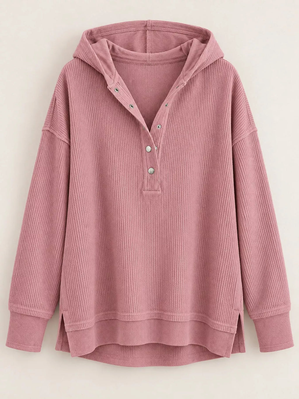 Full Size Snap Button Placket Dropped Shoulder Hoodie Plus Size
