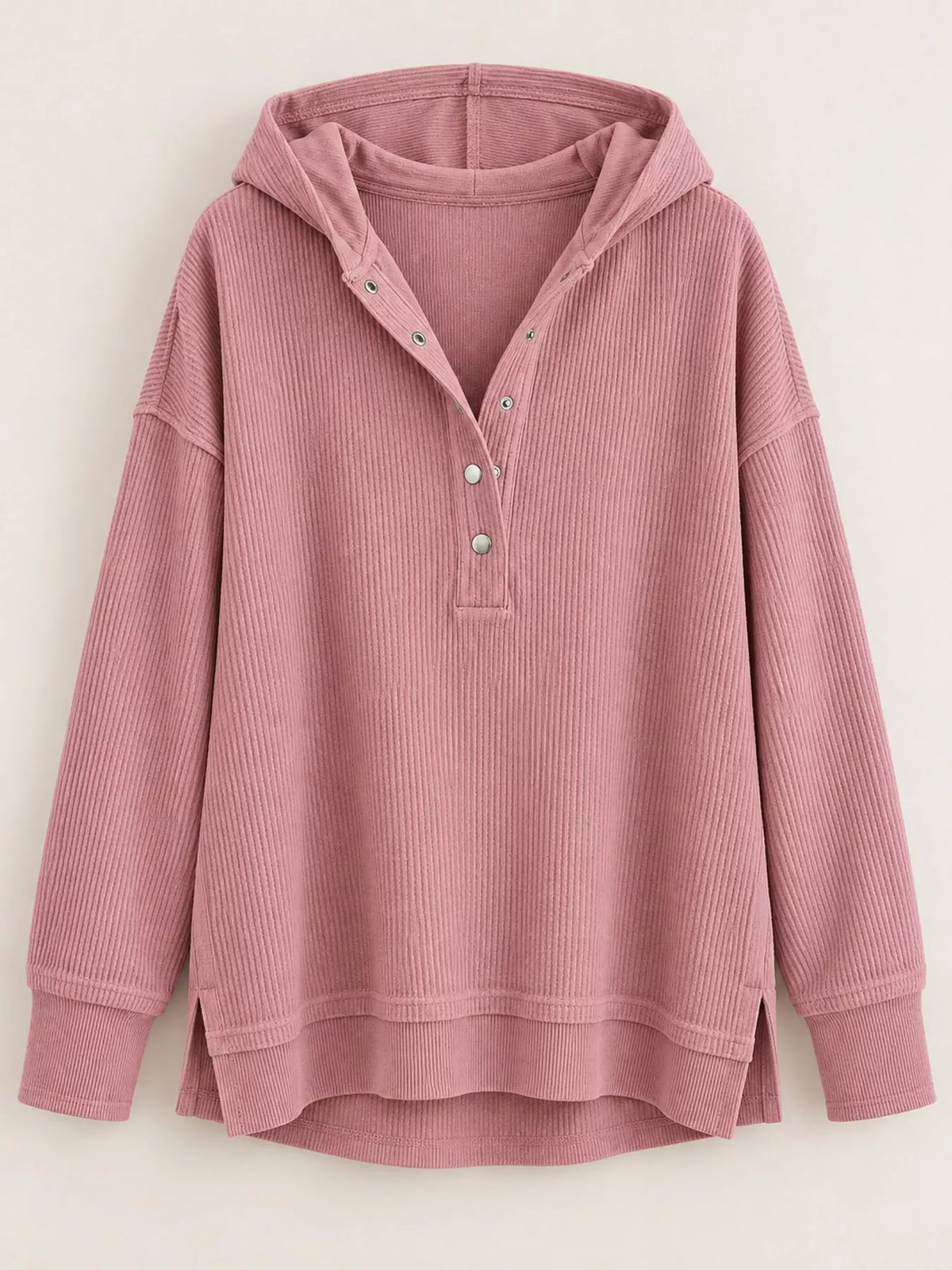 Full Size Snap Button Placket Dropped Shoulder Hoodie Plus Size
