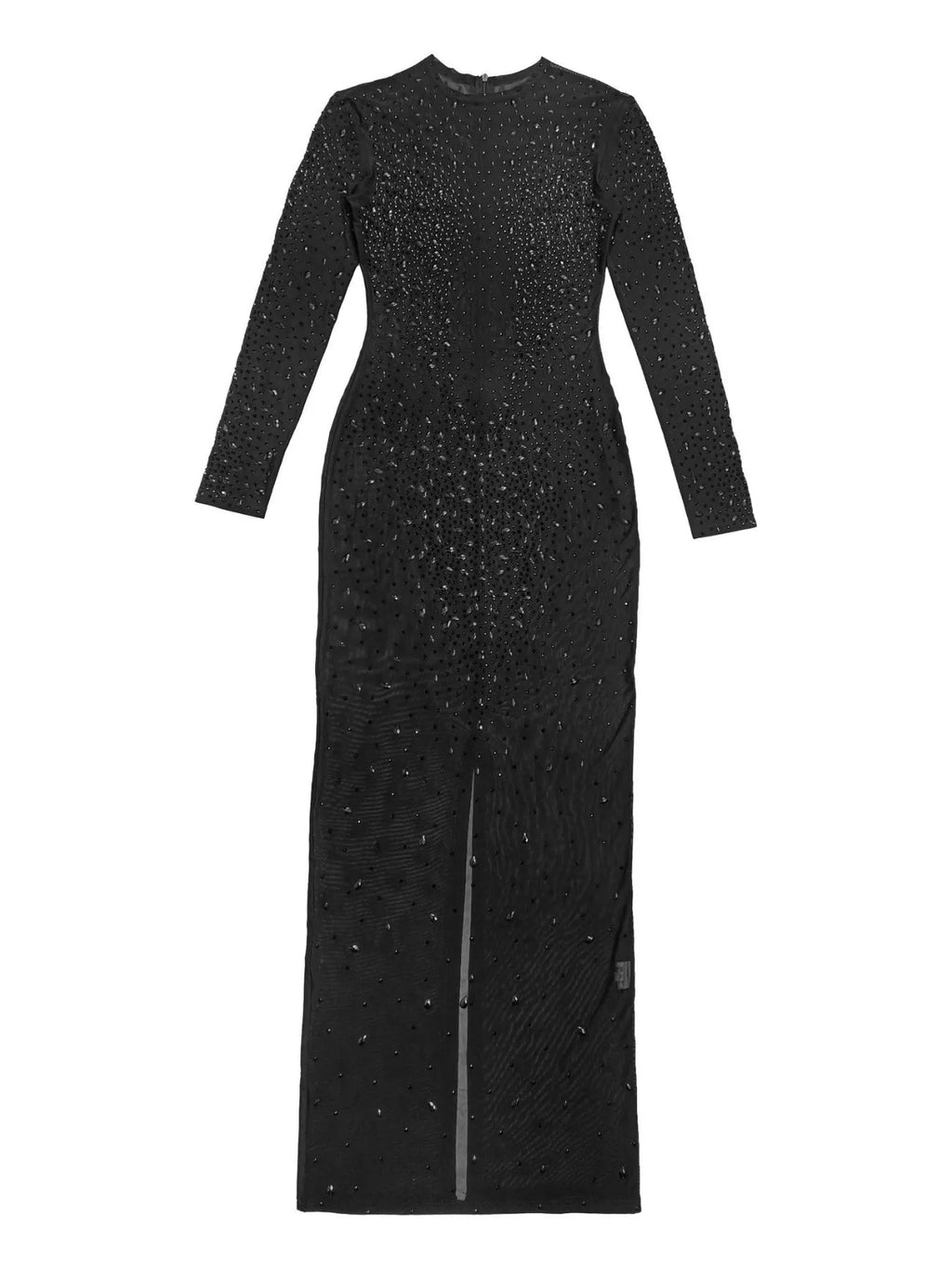 Sheer Mesh Rhinestone Embellished Long Sleeve Evening Dress