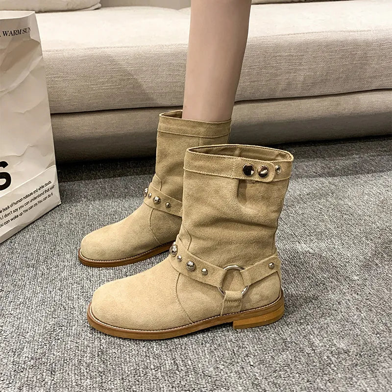 Studded Suede Mid-Calf Harness Boots