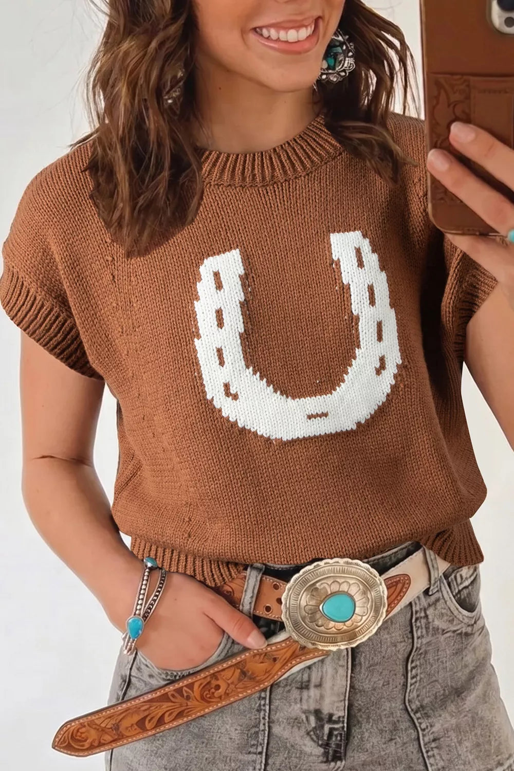 Western Horseshoe Pattern Short Sleeve Knit Sweater