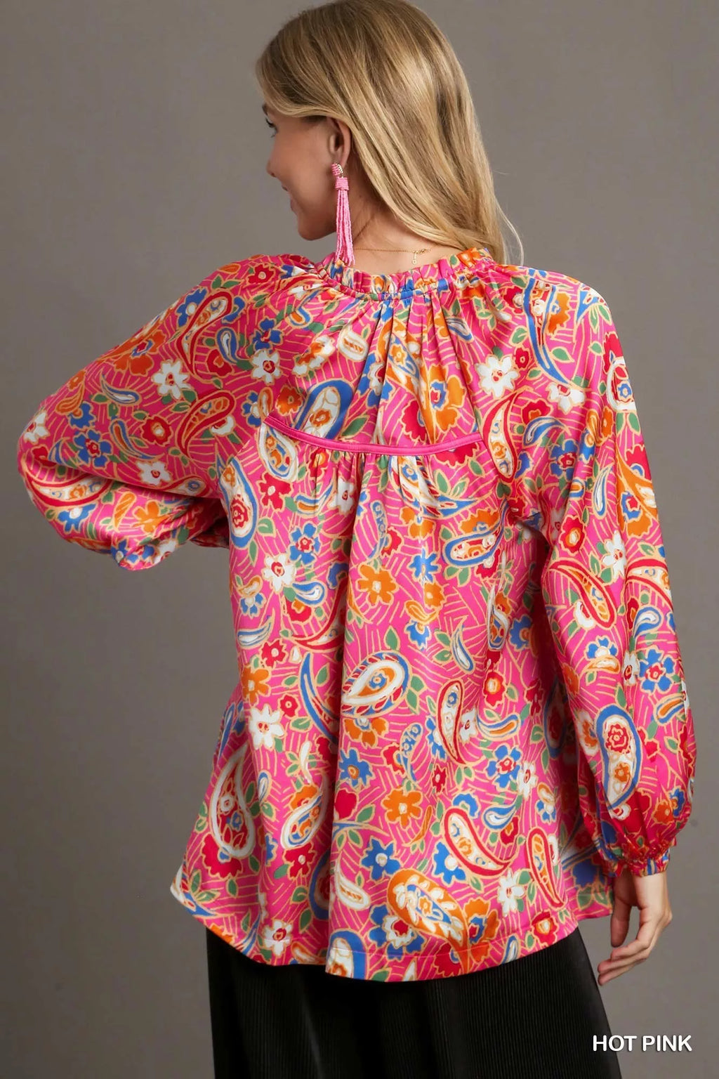 Satin Paisley Ruffle Neck Button-Up Shirt – Plus Size