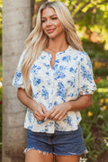 Sky Blue Floral Tiered Puff Short Sleeve Pleated Bust Buttoned Casual Shirt