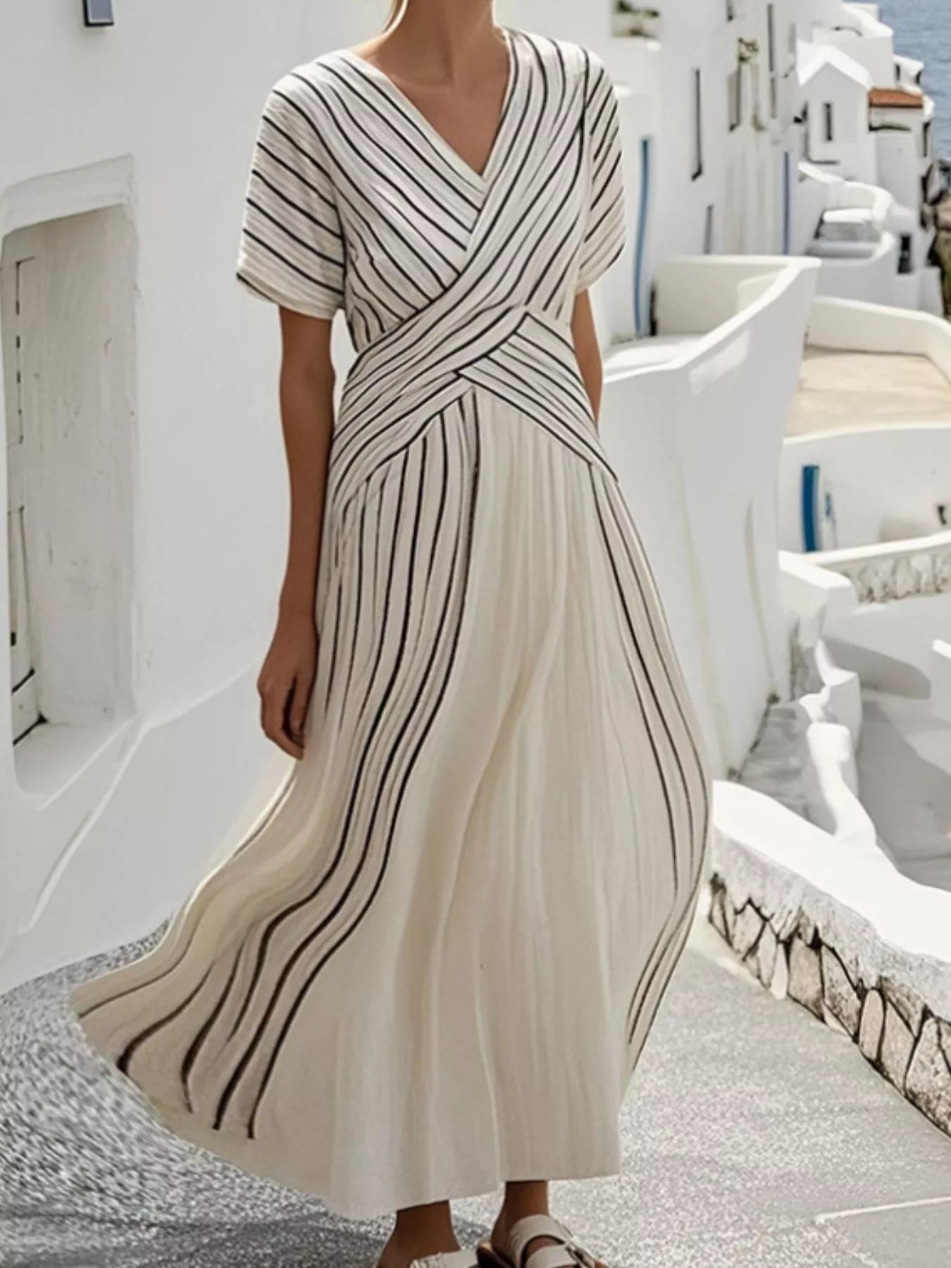 Full Size Striped Short Sleeve Wrap Maxi Dress Plus Size