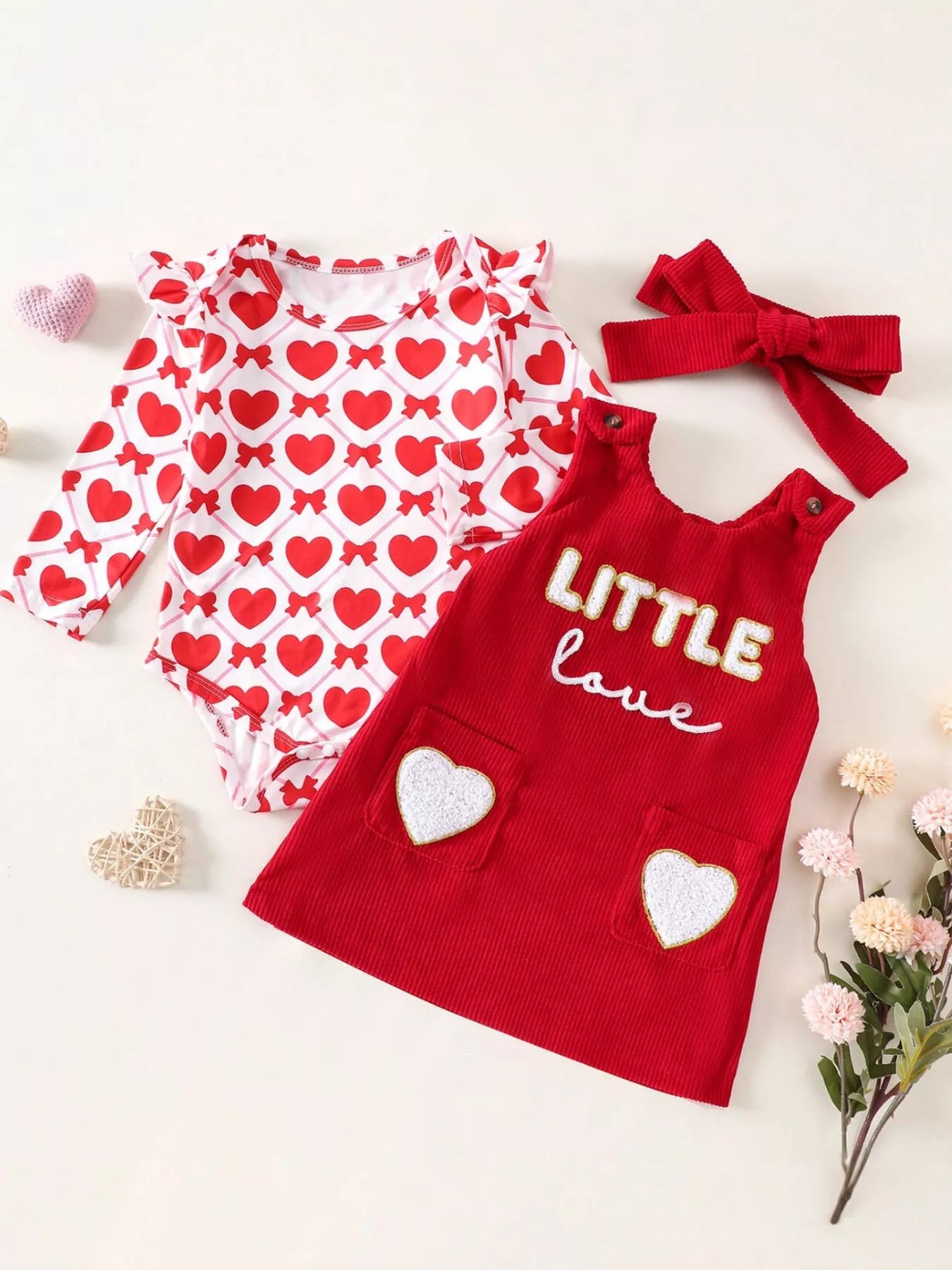 Children's Heart Print Bodysuit and Dress Outfit Set with Headband