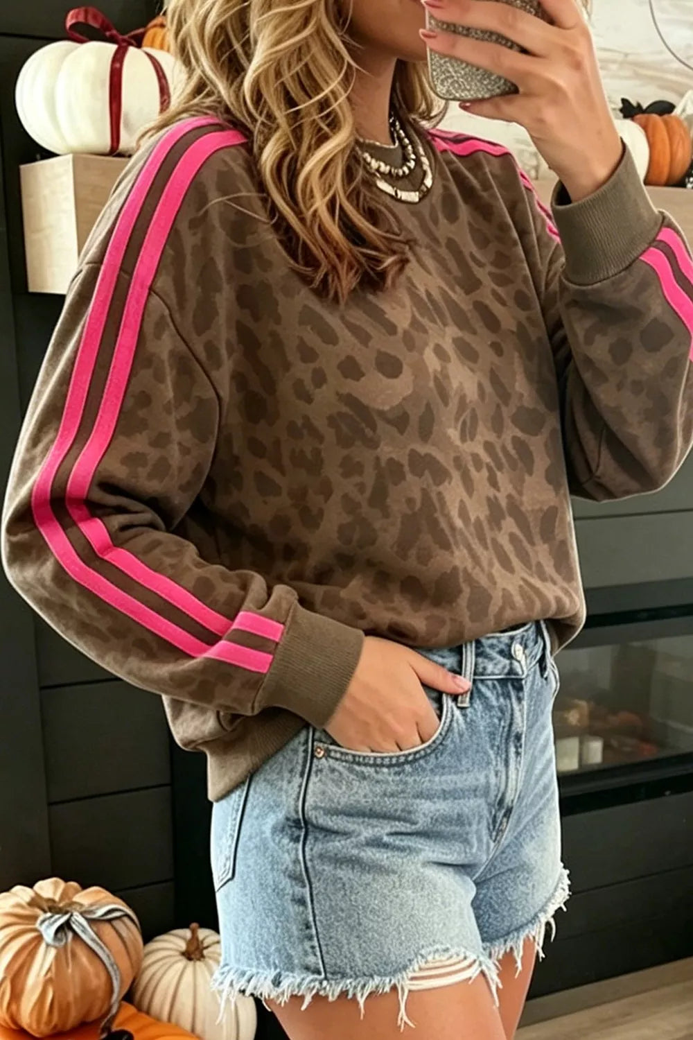 Side Stripes Leopard Round Neck Sweatshirt