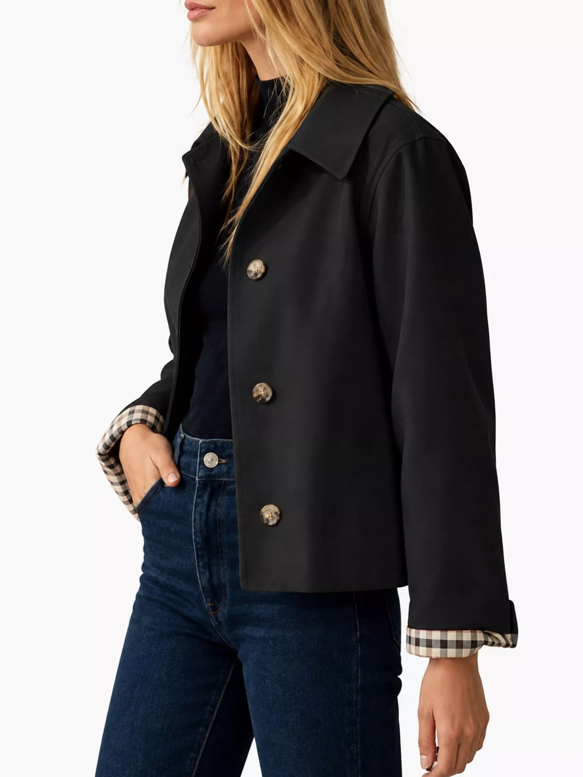 Plaid Cuffs Cropped Trench Outerwear
