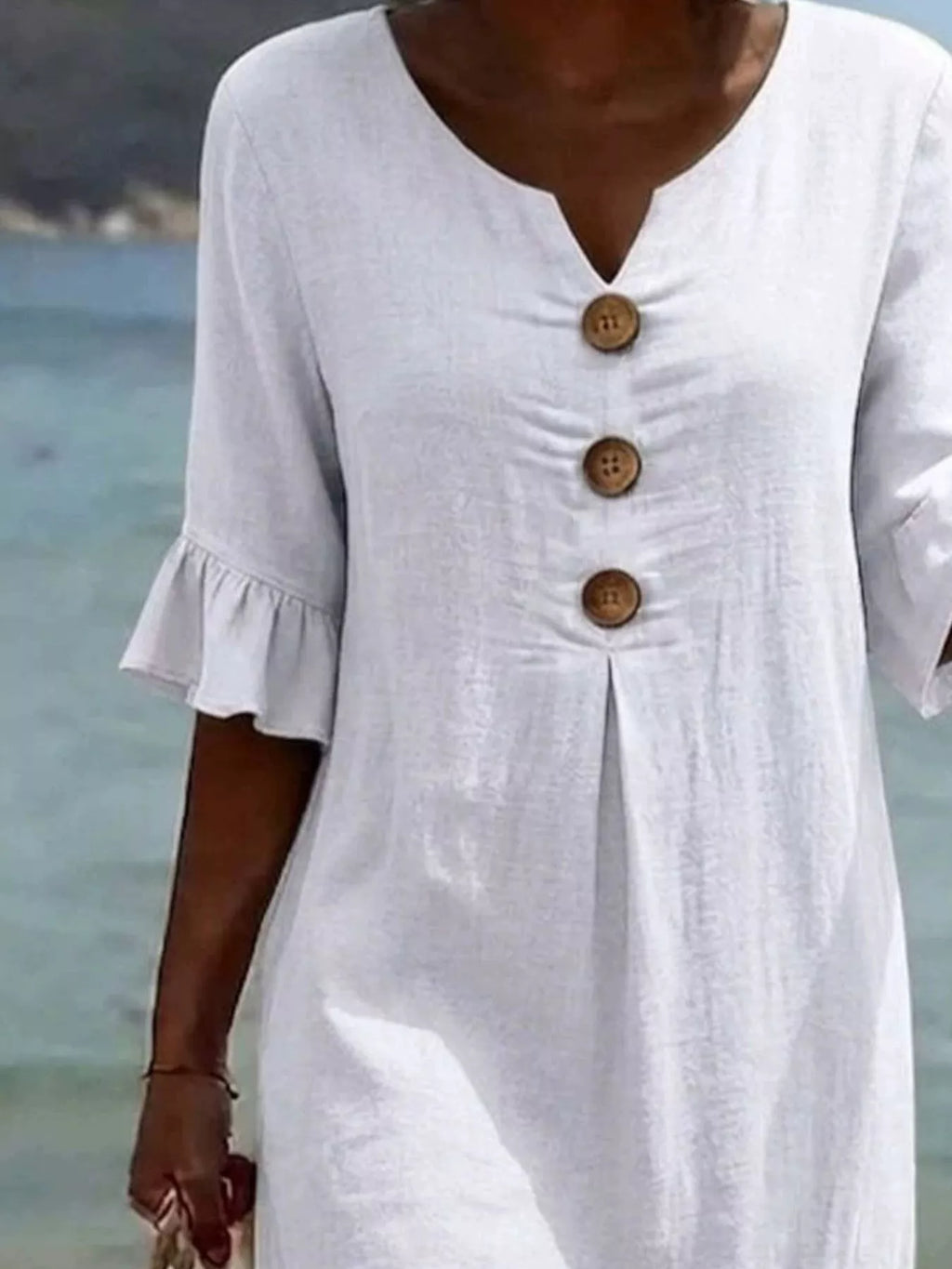 Full Size Casual Decor Button Dress with Ruffle Sleeves Plus Size