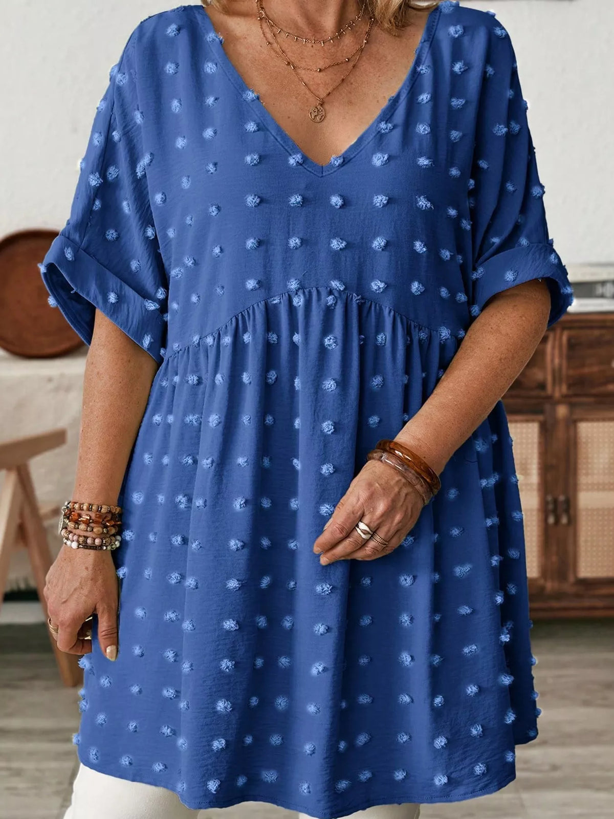 Plus Size Swiss Dot V-Neck Casual Blouse