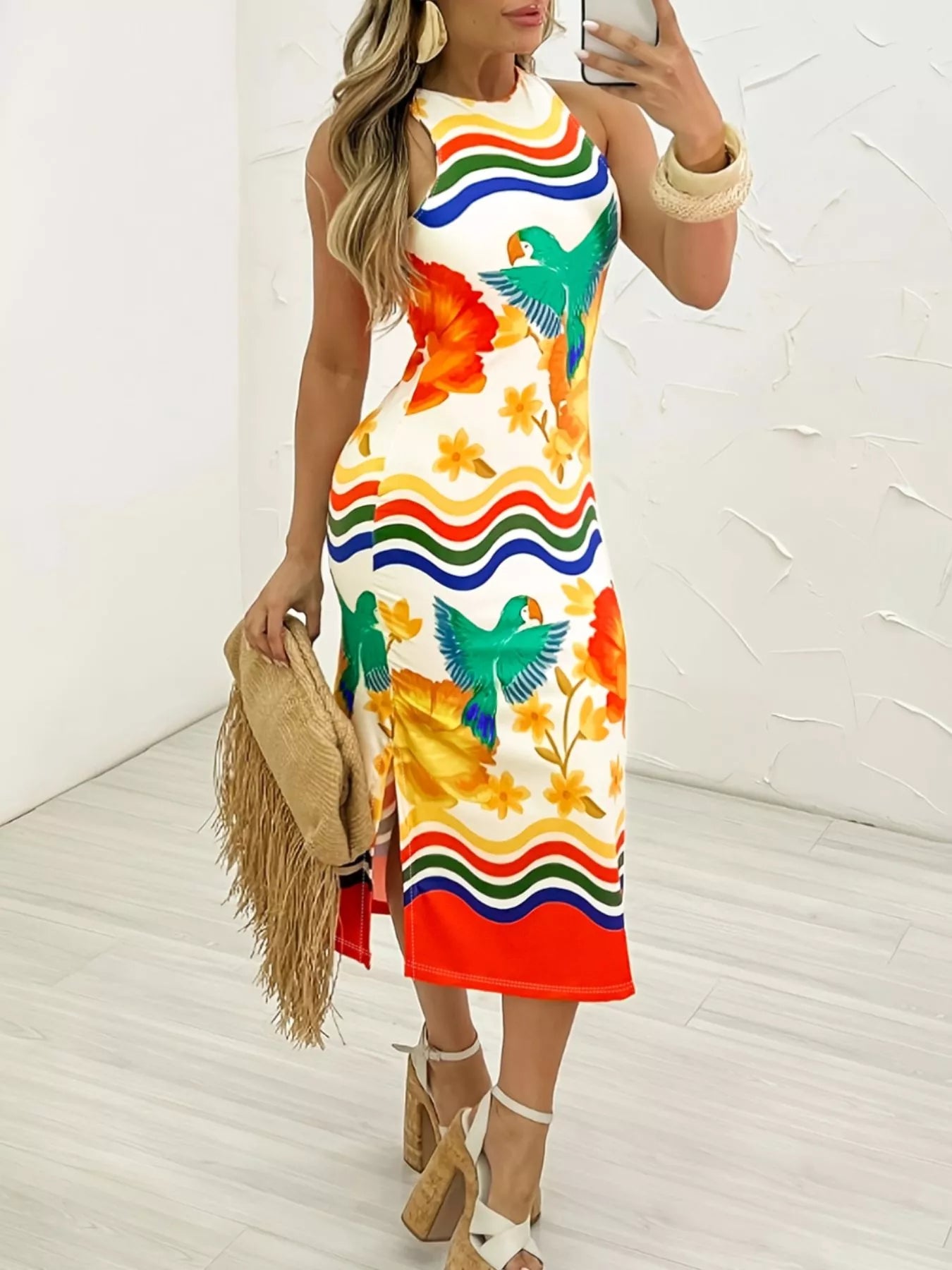 Tropical Parrot Print Sleeveless Midi Dress