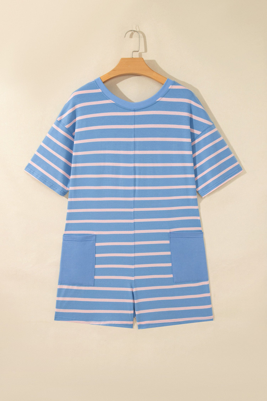 Sky Blue Stripe V Neck Short Sleeve Double Wear Loose Romper