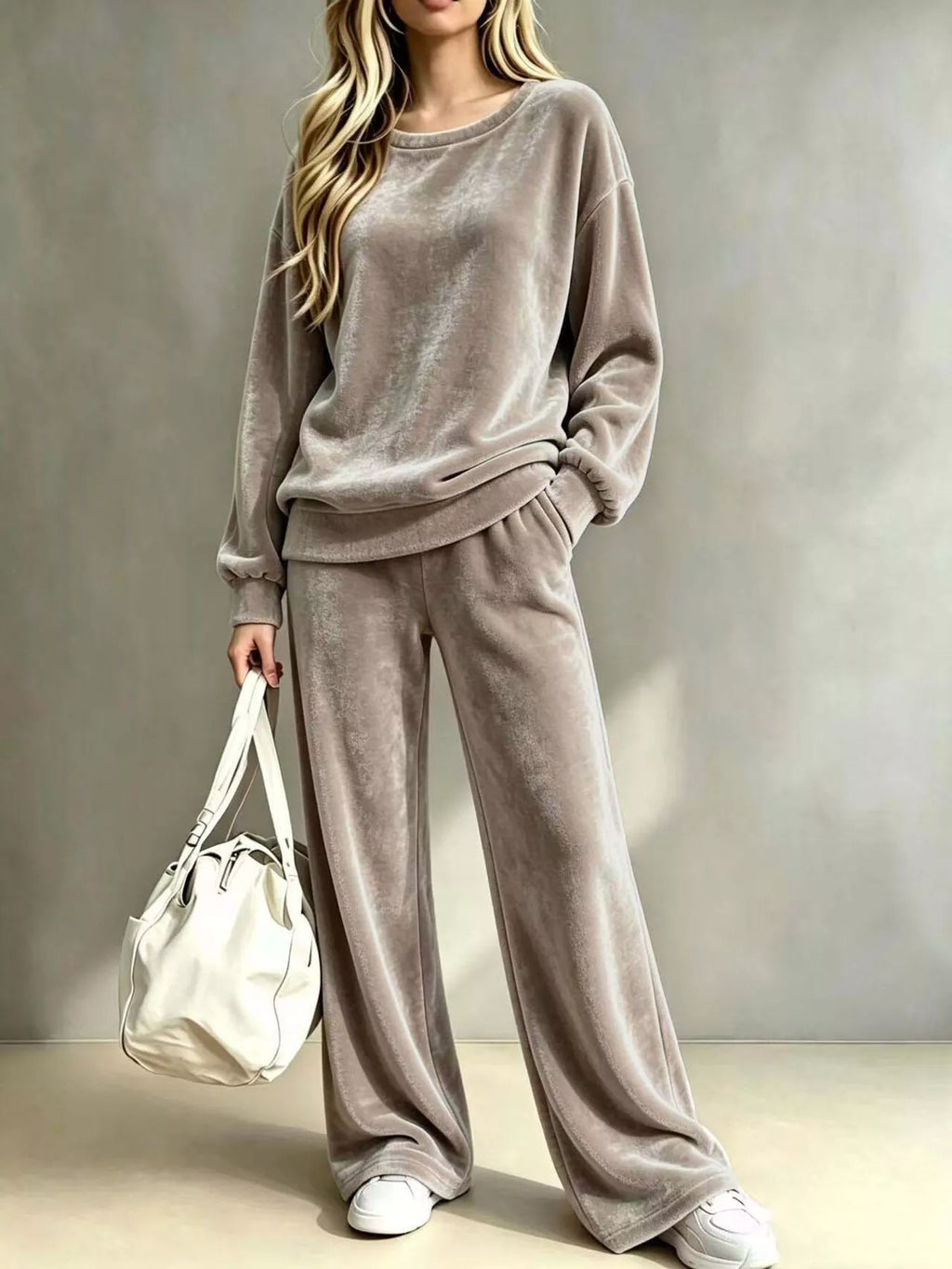 Full Size Velvet Dropped Shoulder Top and Wide-Leg Pants Set Plus Size